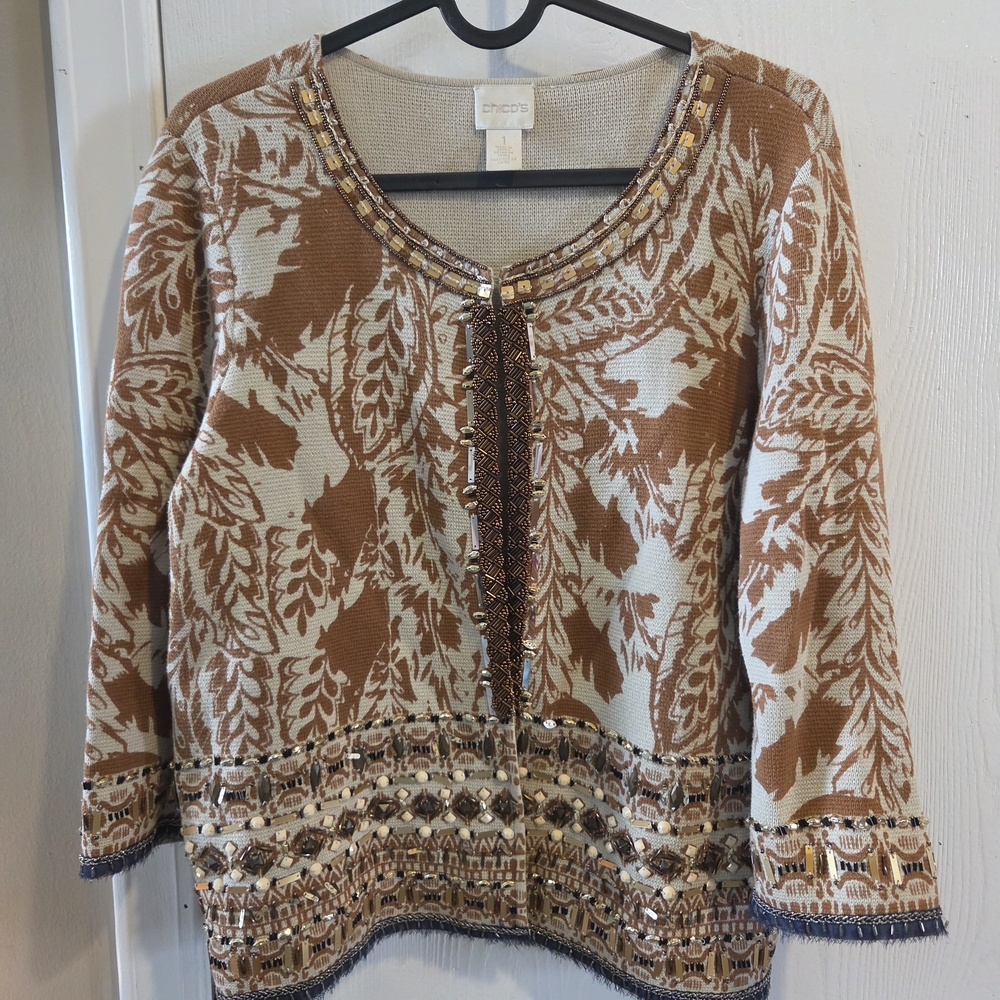 Chico's Tan & Cream Embellished Knit Cardigan